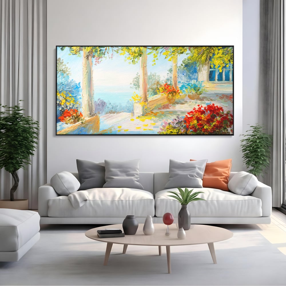 Tablou Canvas Premium LuxCanva® A1241, Priveliste La Mare , Decorativ, Living, Peisaj, Flori, Mare, Copaci, Dormitor, Culori Vibrante