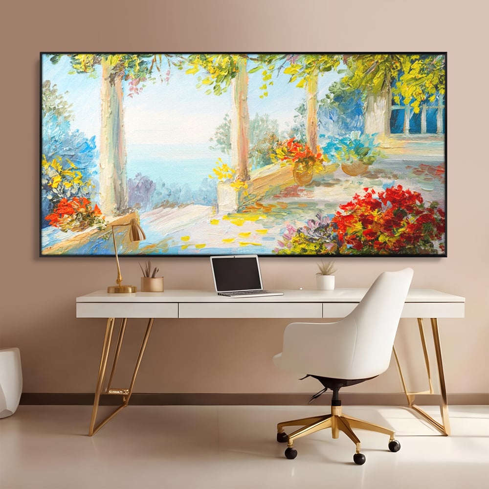 Tablou Canvas Premium LuxCanva® A1241, Priveliste La Mare , Decorativ, Living, Peisaj, Flori, Mare, Copaci, Dormitor, Culori Vibrante