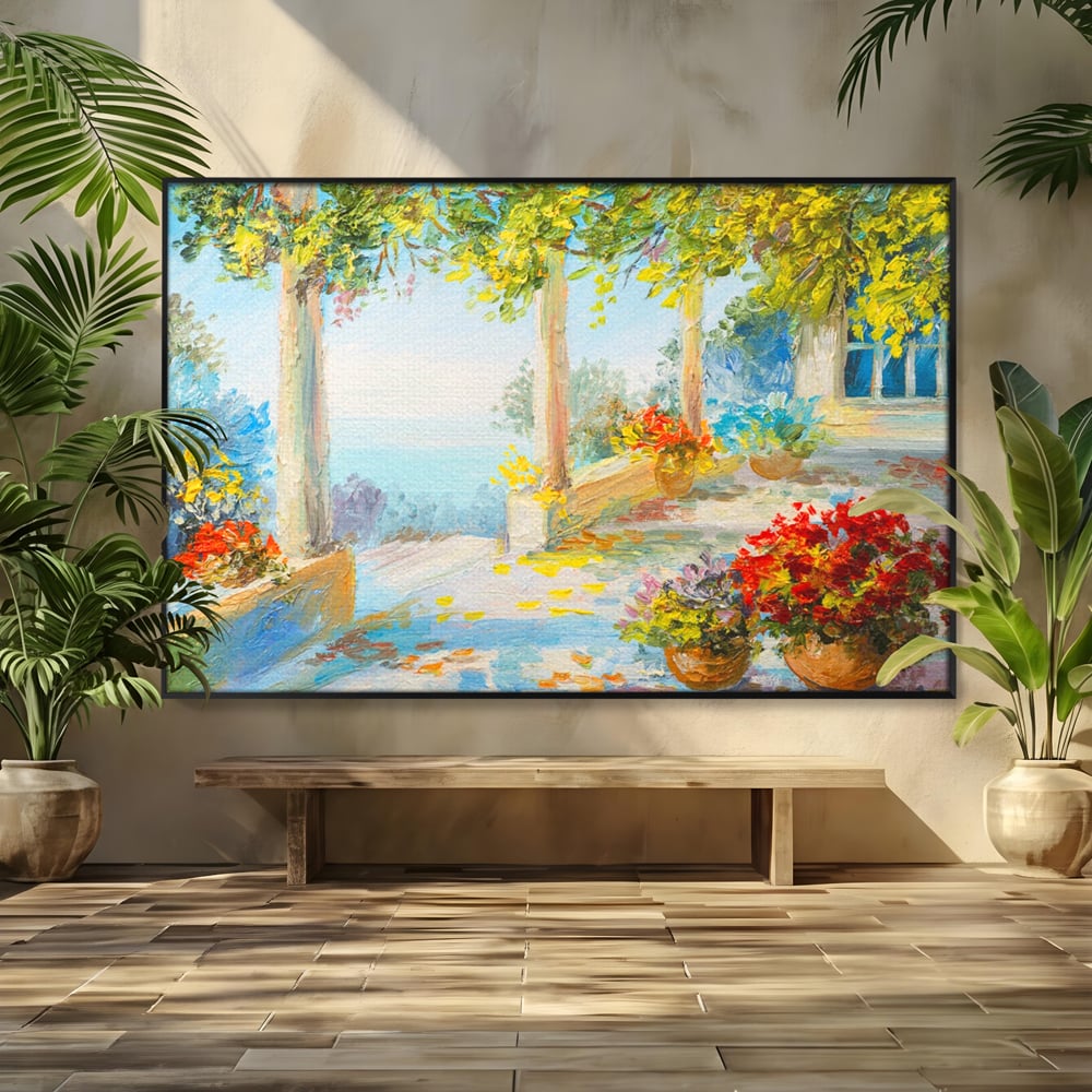 Tablou Canvas Premium LuxCanva® A1241, Priveliste La Mare , Decorativ, Living, Peisaj, Flori, Mare, Copaci, Dormitor, Culori Vibrante