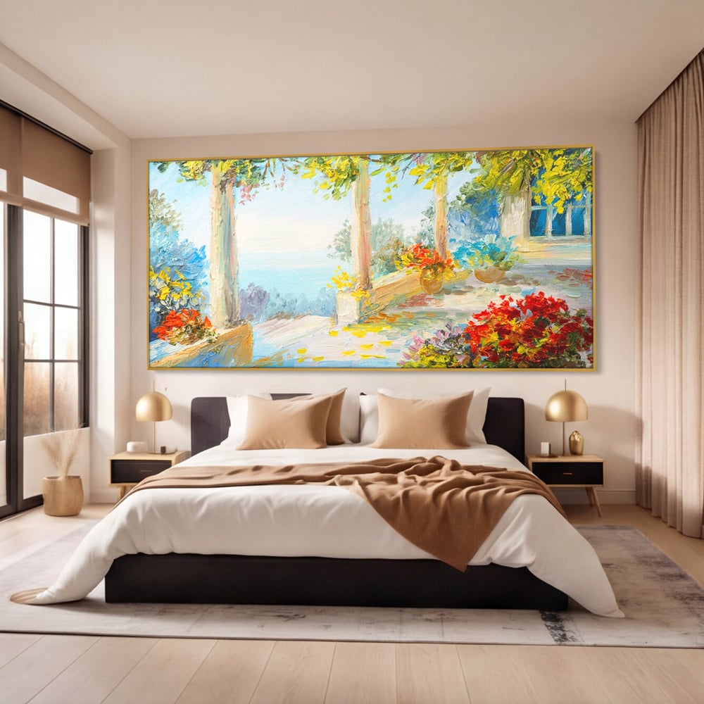 Tablou Canvas Premium LuxCanva® A1241, Priveliste La Mare , Decorativ, Living, Peisaj, Flori, Mare, Copaci, Dormitor, Culori Vibrante
