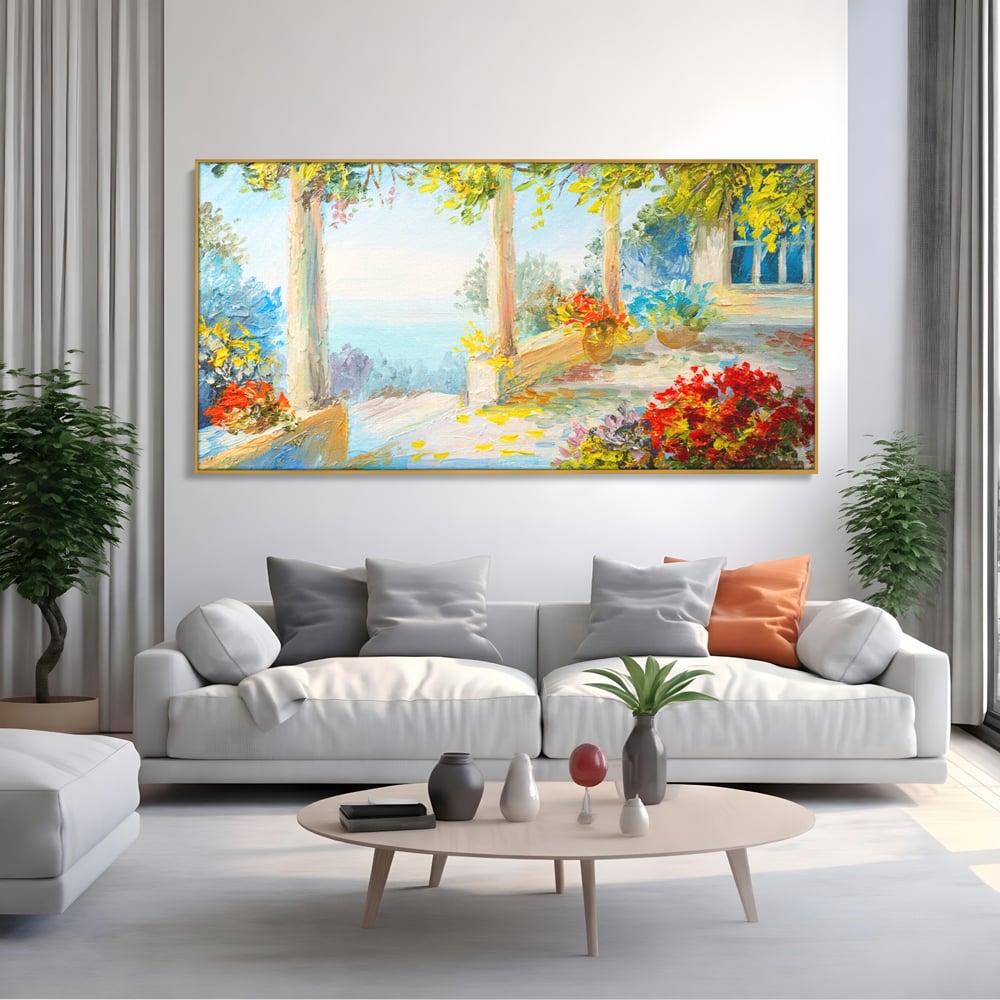 Tablou Canvas Premium LuxCanva® A1241, Priveliste La Mare , Decorativ, Living, Peisaj, Flori, Mare, Copaci, Dormitor, Culori Vibrante