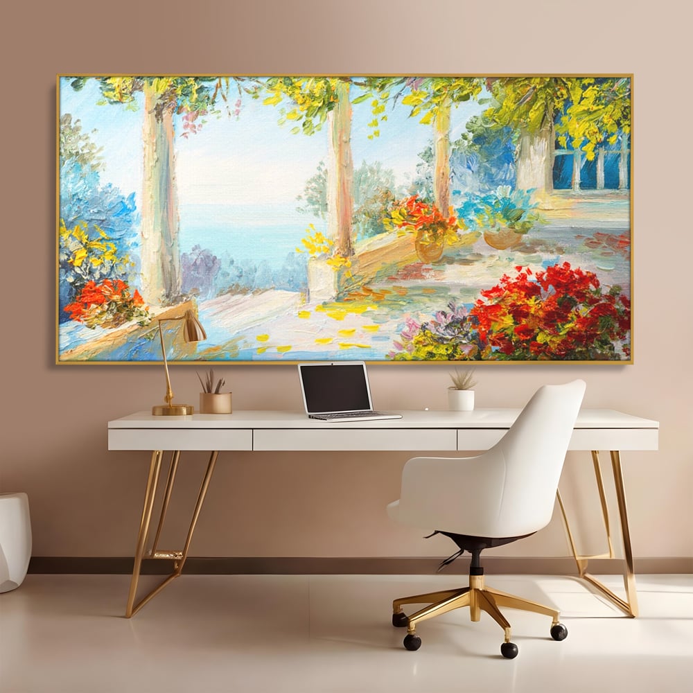 Tablou Canvas Premium LuxCanva® A1241, Priveliste La Mare , Decorativ, Living, Peisaj, Flori, Mare, Copaci, Dormitor, Culori Vibrante