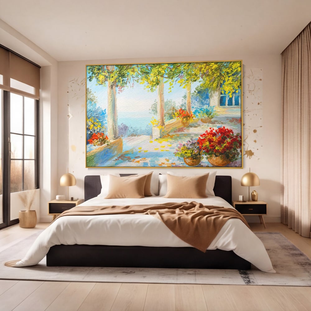 Tablou Canvas Premium LuxCanva® A1241, Priveliste La Mare , Decorativ, Living, Peisaj, Flori, Mare, Copaci, Dormitor, Culori Vibrante