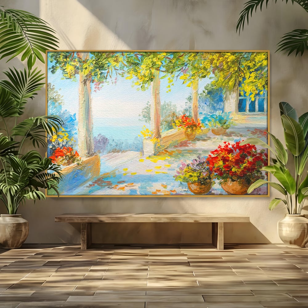 Tablou Canvas Premium LuxCanva® A1241, Priveliste La Mare , Decorativ, Living, Peisaj, Flori, Mare, Copaci, Dormitor, Culori Vibrante
