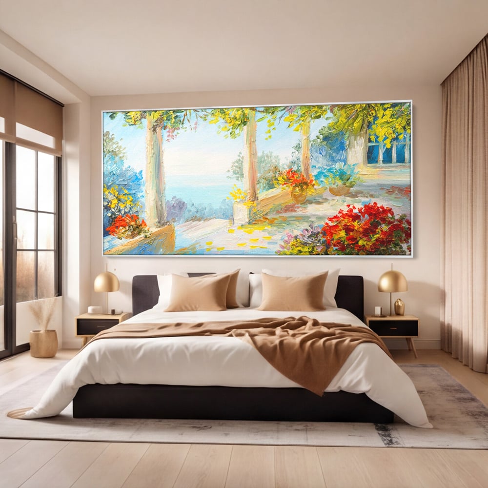 Tablou Canvas Premium LuxCanva® A1241, Priveliste La Mare , Decorativ, Living, Peisaj, Flori, Mare, Copaci, Dormitor, Culori Vibrante