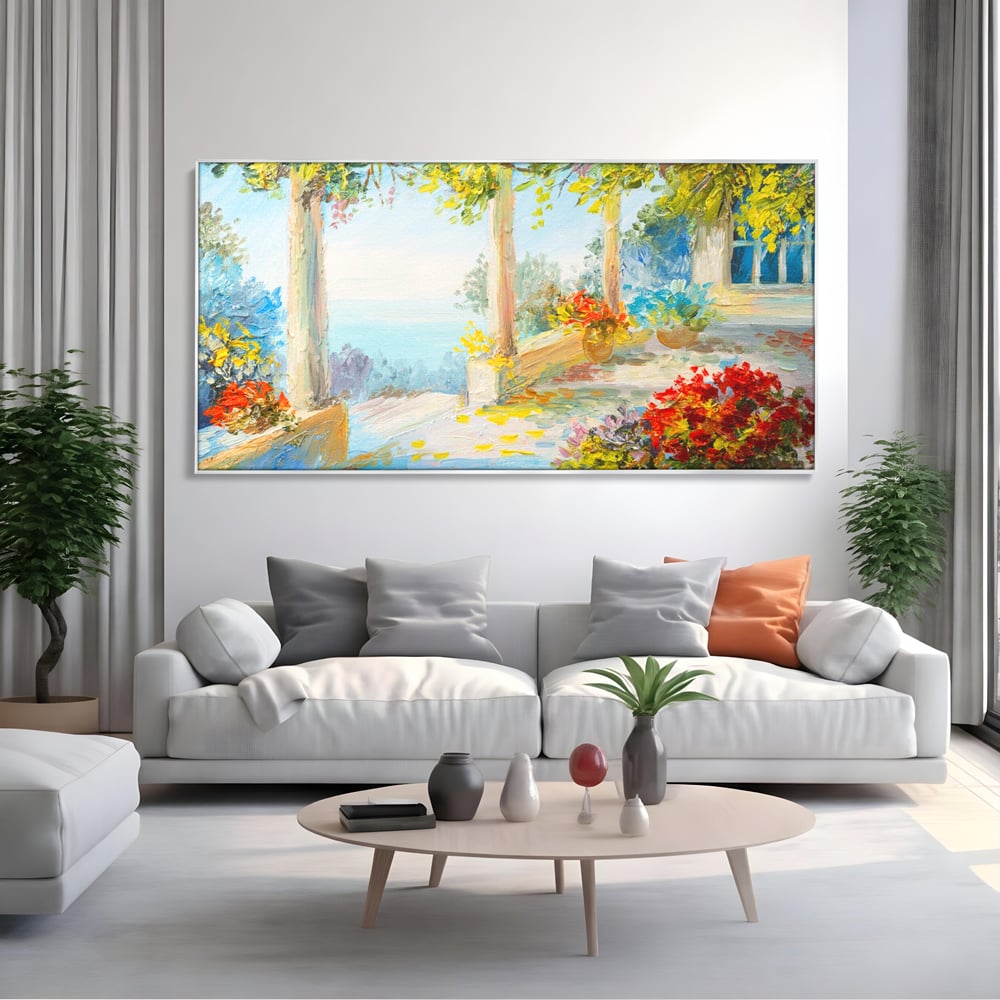 Tablou Canvas Premium LuxCanva® A1241, Priveliste La Mare , Decorativ, Living, Peisaj, Flori, Mare, Copaci, Dormitor, Culori Vibrante