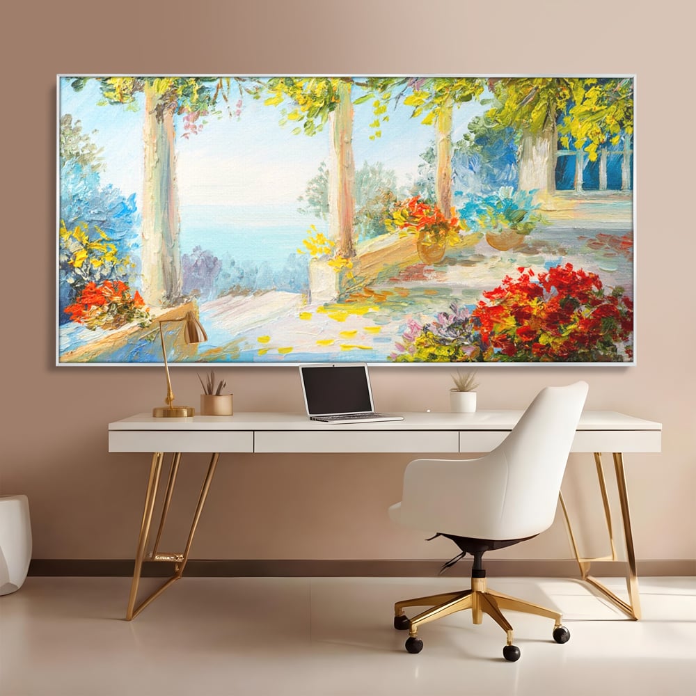 Tablou Canvas Premium LuxCanva® A1241, Priveliste La Mare , Decorativ, Living, Peisaj, Flori, Mare, Copaci, Dormitor, Culori Vibrante