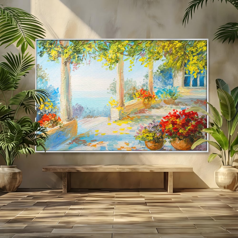Tablou Canvas Premium LuxCanva® A1241, Priveliste La Mare , Decorativ, Living, Peisaj, Flori, Mare, Copaci, Dormitor, Culori Vibrante