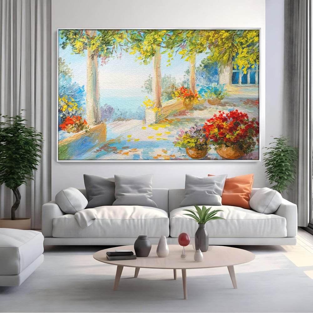 Tablou Canvas Premium LuxCanva® A1241, Priveliste La Mare , Decorativ, Living, Peisaj, Flori, Mare, Copaci, Dormitor, Culori Vibrante