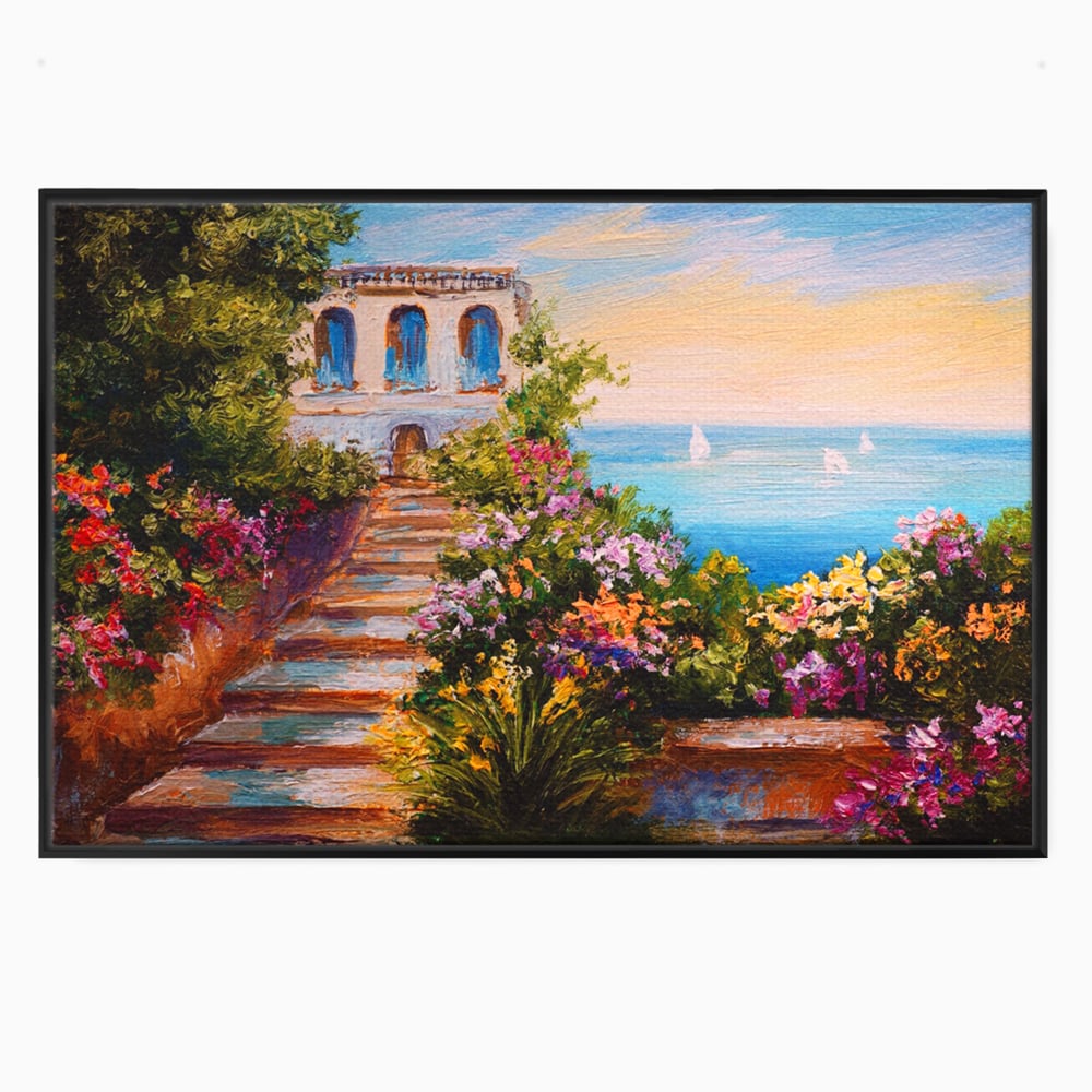 Tablou Canvas Premium LuxCanva® A1242, Scarile De Langa Mare , Decorativ, Living, Cer, Mare, Barci, Flori, Colorate, Dormitor, Culori Vibrante