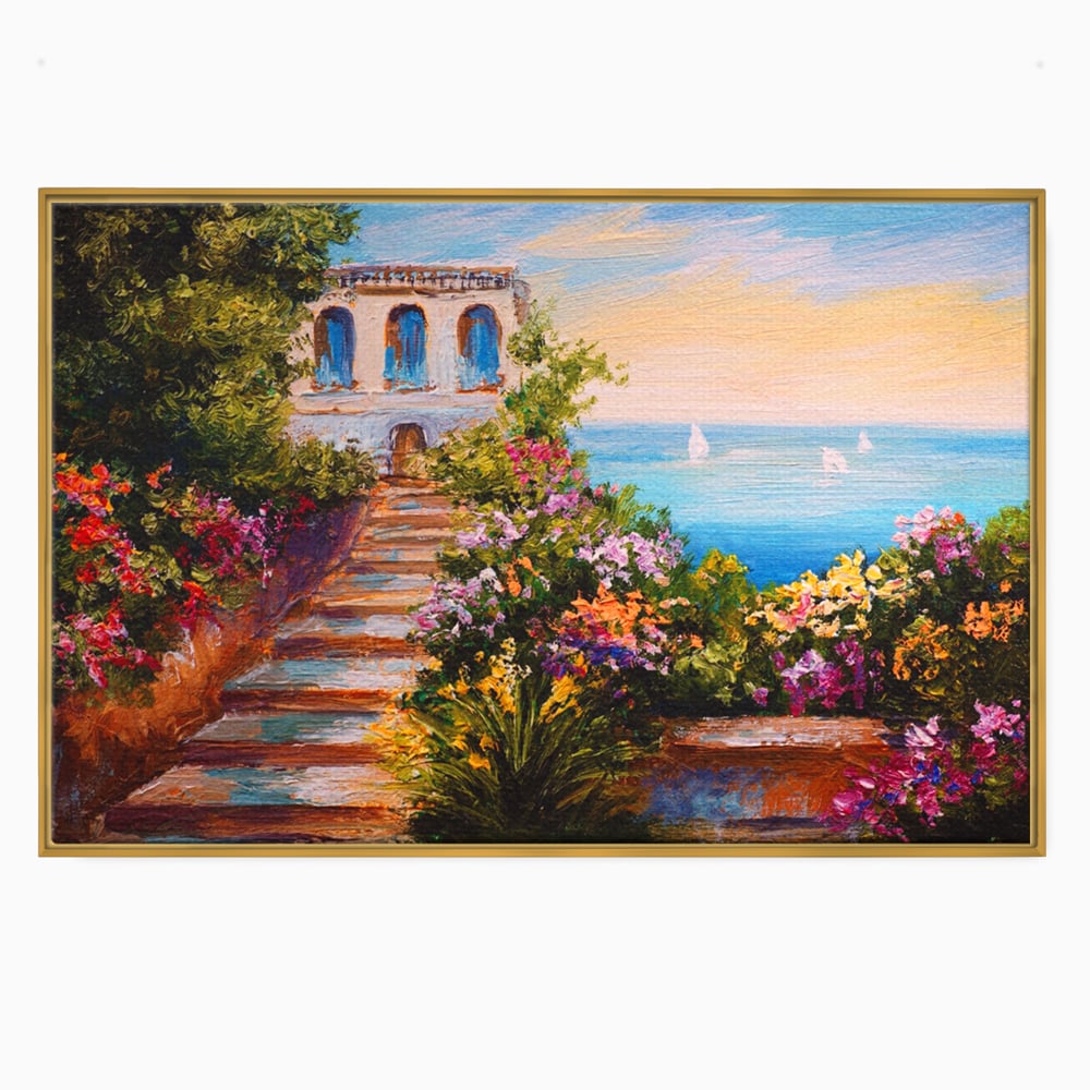 Tablou Canvas Premium LuxCanva® A1242, Scarile De Langa Mare , Decorativ, Living, Cer, Mare, Barci, Flori, Colorate, Dormitor, Culori Vibrante
