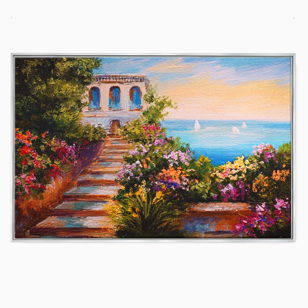 Tablou Canvas Premium LuxCanva® A1242, Scarile De Langa Mare , Decorativ, Living, Cer, Mare, Barci, Flori, Colorate, Dormitor, Culori Vibrante