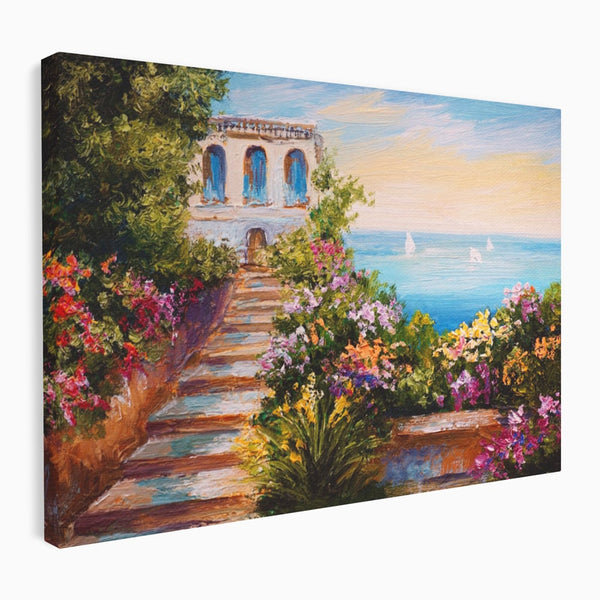 Tablou Canvas Premium LuxCanva® A1242, Scarile De Langa Mare , Decorativ, Living, Cer, Mare, Barci, Flori, Colorate, Dormitor, Culori Vibrante