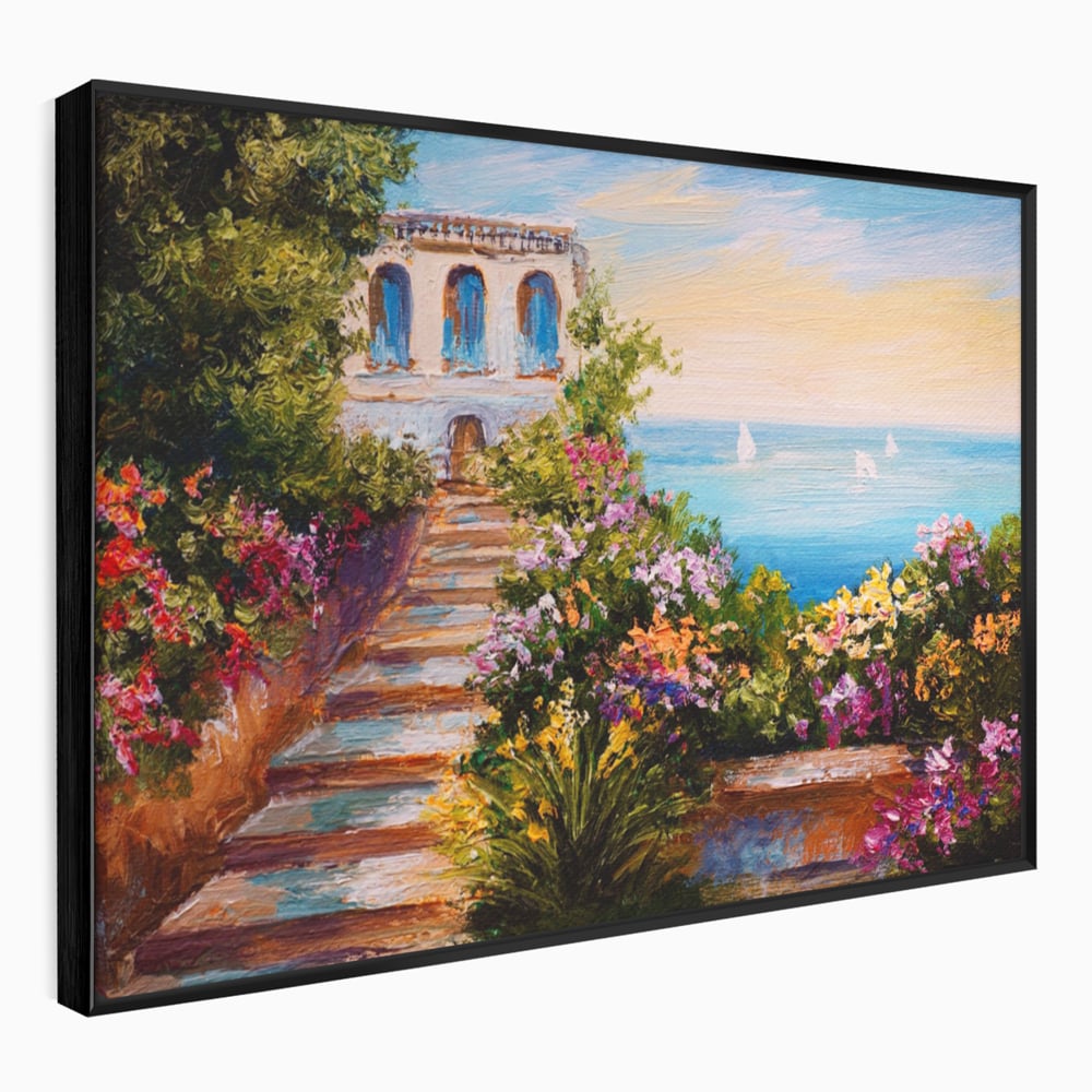 Tablou Canvas Premium LuxCanva® A1242, Scarile De Langa Mare , Decorativ, Living, Cer, Mare, Barci, Flori, Colorate, Dormitor, Culori Vibrante