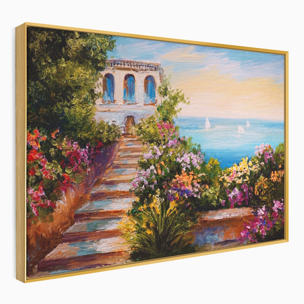 Tablou Canvas Premium LuxCanva® A1242, Scarile De Langa Mare , Decorativ, Living, Cer, Mare, Barci, Flori, Colorate, Dormitor, Culori Vibrante