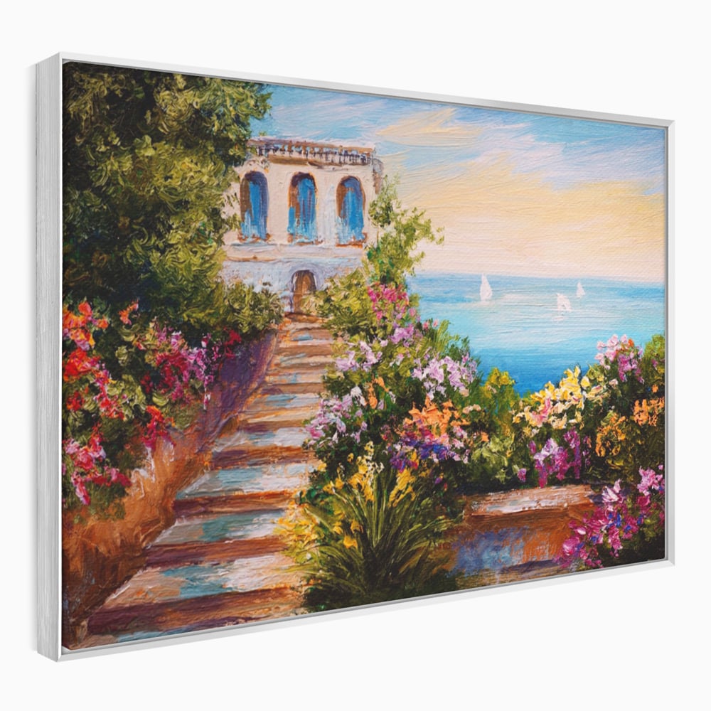 Tablou Canvas Premium LuxCanva® A1242, Scarile De Langa Mare , Decorativ, Living, Cer, Mare, Barci, Flori, Colorate, Dormitor, Culori Vibrante