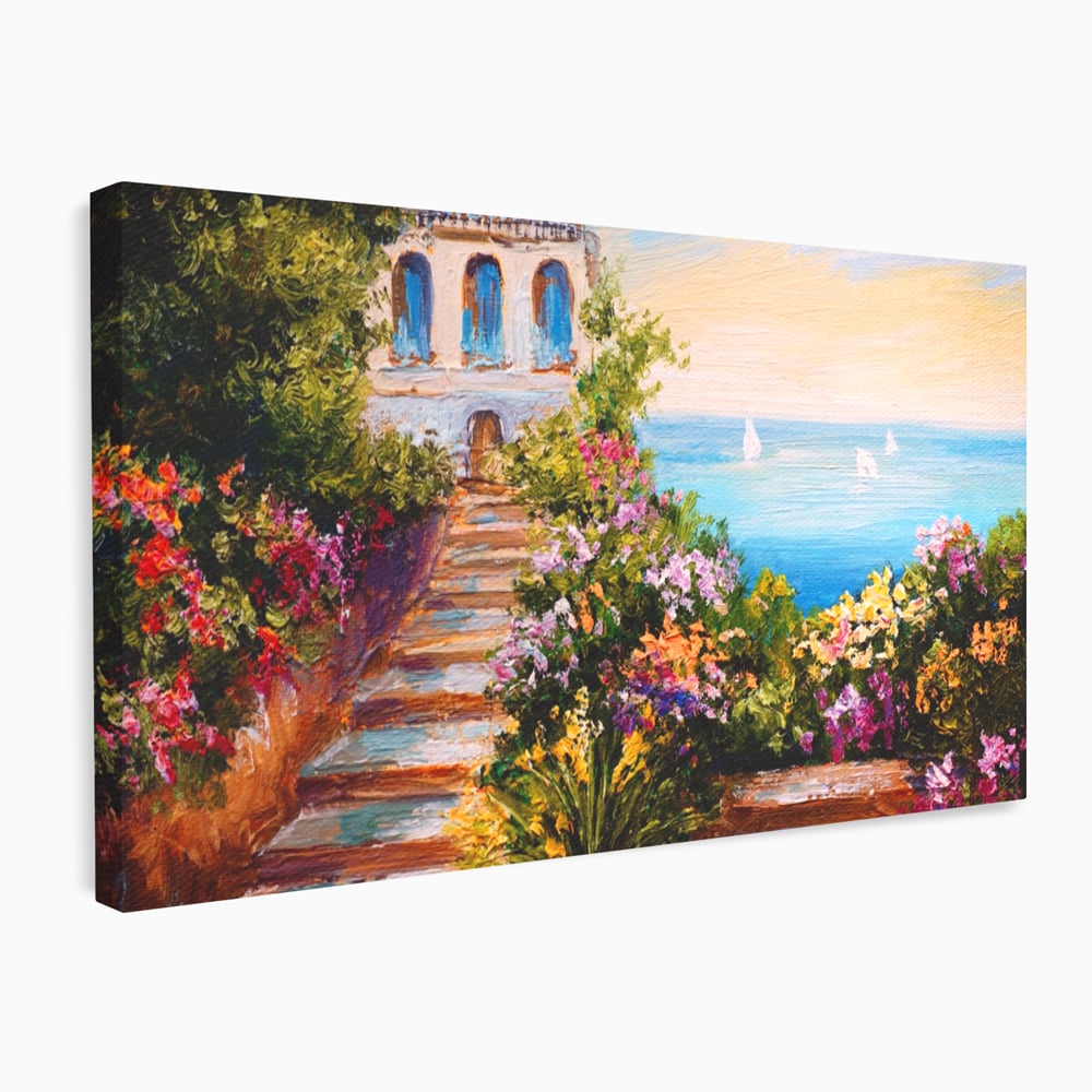 Tablou Canvas Premium LuxCanva® A1242, Scarile De Langa Mare , Decorativ, Living, Cer, Mare, Barci, Flori, Colorate, Dormitor, Culori Vibrante