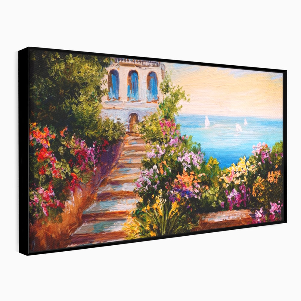 Tablou Canvas Premium LuxCanva® A1242, Scarile De Langa Mare , Decorativ, Living, Cer, Mare, Barci, Flori, Colorate, Dormitor, Culori Vibrante