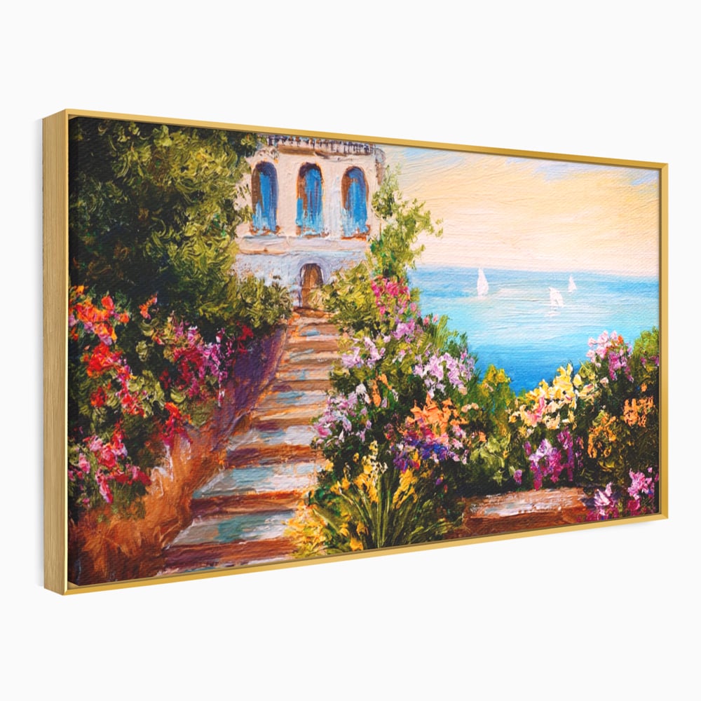 Tablou Canvas Premium LuxCanva® A1242, Scarile De Langa Mare , Decorativ, Living, Cer, Mare, Barci, Flori, Colorate, Dormitor, Culori Vibrante