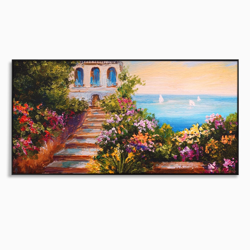 Tablou Canvas Premium LuxCanva® A1242, Scarile De Langa Mare , Decorativ, Living, Cer, Mare, Barci, Flori, Colorate, Dormitor, Culori Vibrante