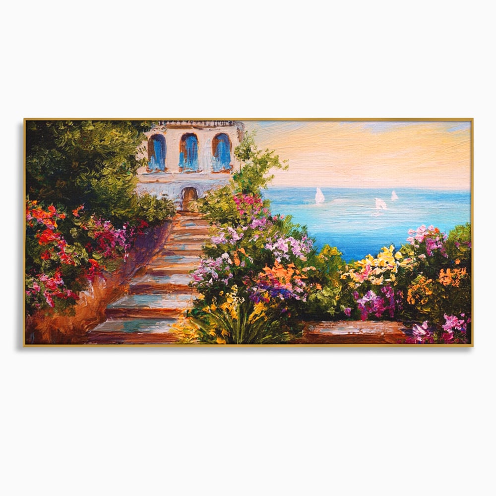 Tablou Canvas Premium LuxCanva® A1242, Scarile De Langa Mare , Decorativ, Living, Cer, Mare, Barci, Flori, Colorate, Dormitor, Culori Vibrante