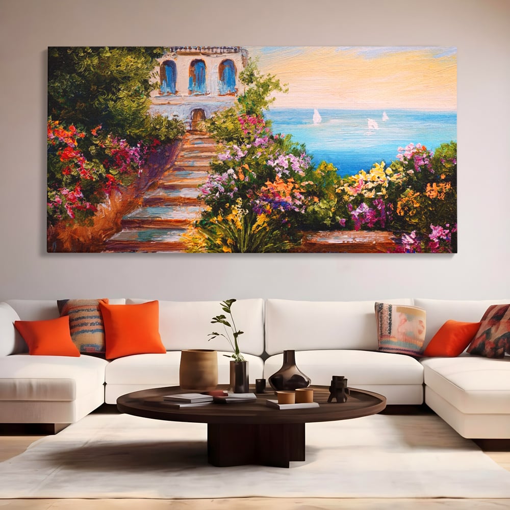 Tablou Canvas Premium LuxCanva® A1242, Scarile De Langa Mare , Decorativ, Living, Cer, Mare, Barci, Flori, Colorate, Dormitor, Culori Vibrante