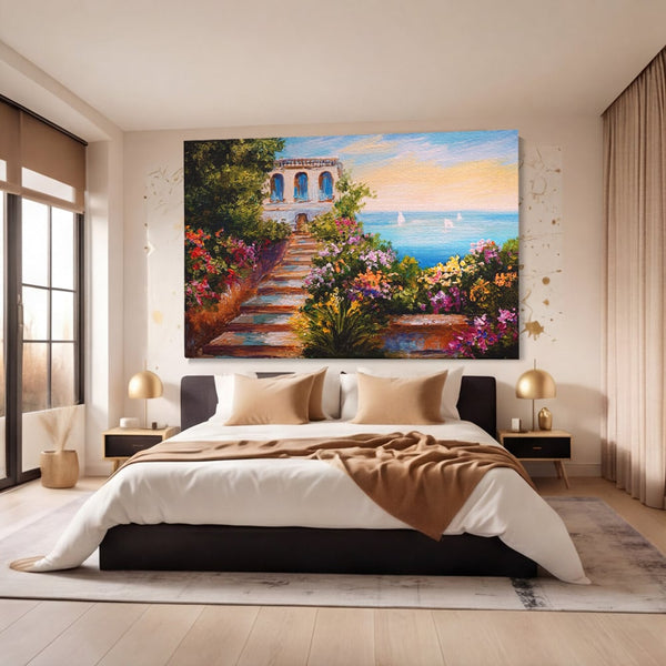 Tablou Canvas Premium LuxCanva® A1242, Scarile De Langa Mare , Decorativ, Living, Cer, Mare, Barci, Flori, Colorate, Dormitor, Culori Vibrante