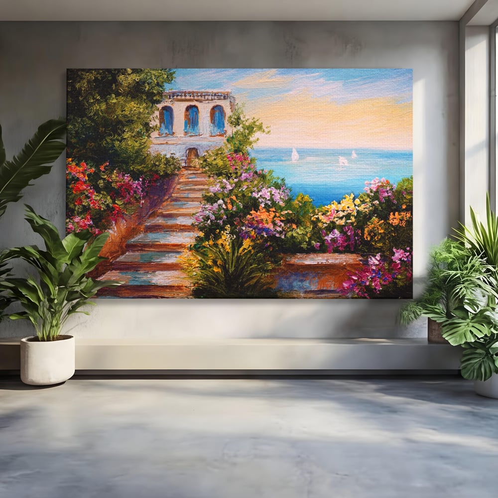 Tablou Canvas Premium LuxCanva® A1242, Scarile De Langa Mare , Decorativ, Living, Cer, Mare, Barci, Flori, Colorate, Dormitor, Culori Vibrante