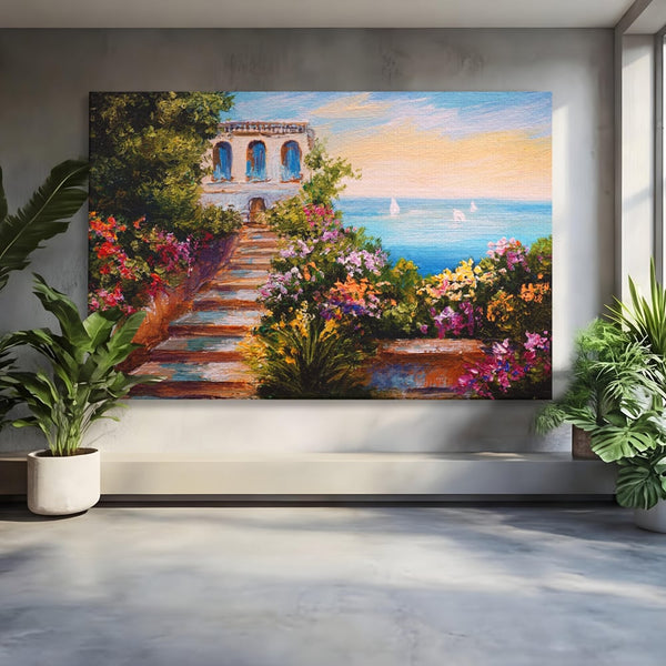 Tablou Canvas Premium LuxCanva® A1242, Scarile De Langa Mare , Decorativ, Living, Cer, Mare, Barci, Flori, Colorate, Dormitor, Culori Vibrante