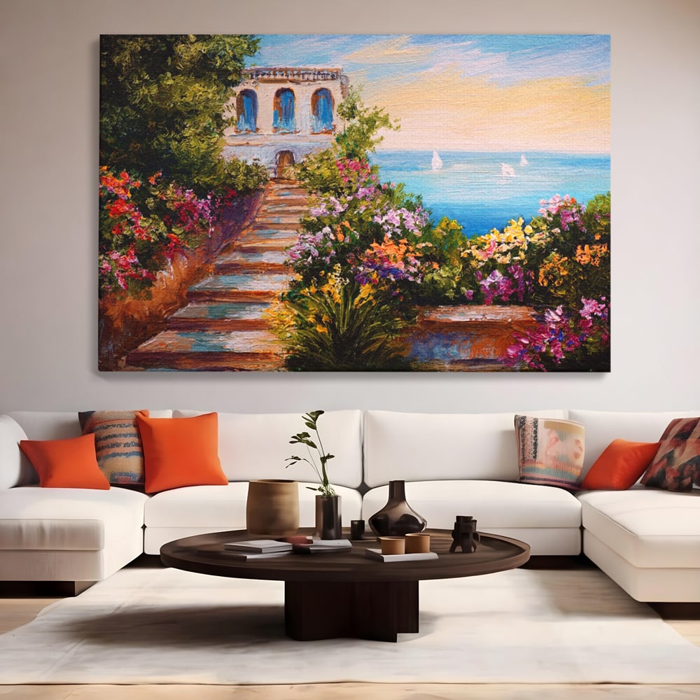 Tablou Canvas Premium LuxCanva® A1242, Scarile De Langa Mare , Decorativ, Living, Cer, Mare, Barci, Flori, Colorate, Dormitor, Culori Vibrante