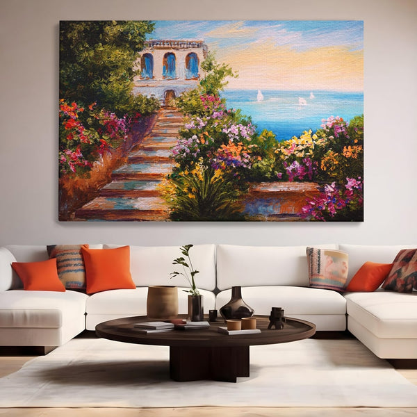 Tablou Canvas Premium LuxCanva® A1242, Scarile De Langa Mare , Decorativ, Living, Cer, Mare, Barci, Flori, Colorate, Dormitor, Culori Vibrante