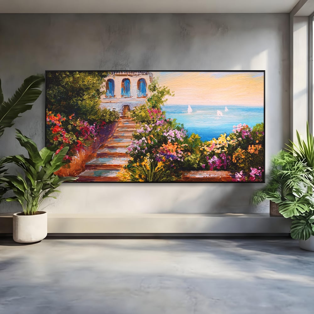 Tablou Canvas Premium LuxCanva® A1242, Scarile De Langa Mare , Decorativ, Living, Cer, Mare, Barci, Flori, Colorate, Dormitor, Culori Vibrante