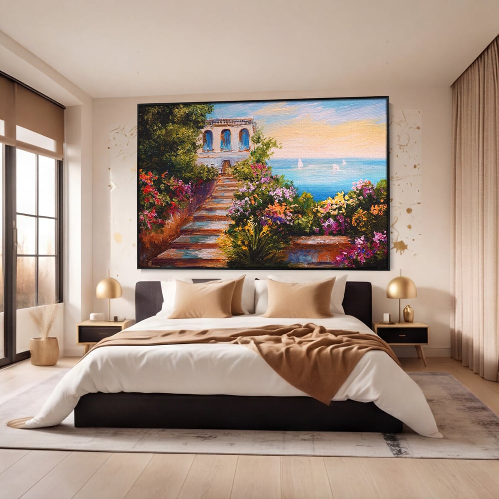 Tablou Canvas Premium LuxCanva® A1242, Scarile De Langa Mare , Decorativ, Living, Cer, Mare, Barci, Flori, Colorate, Dormitor, Culori Vibrante