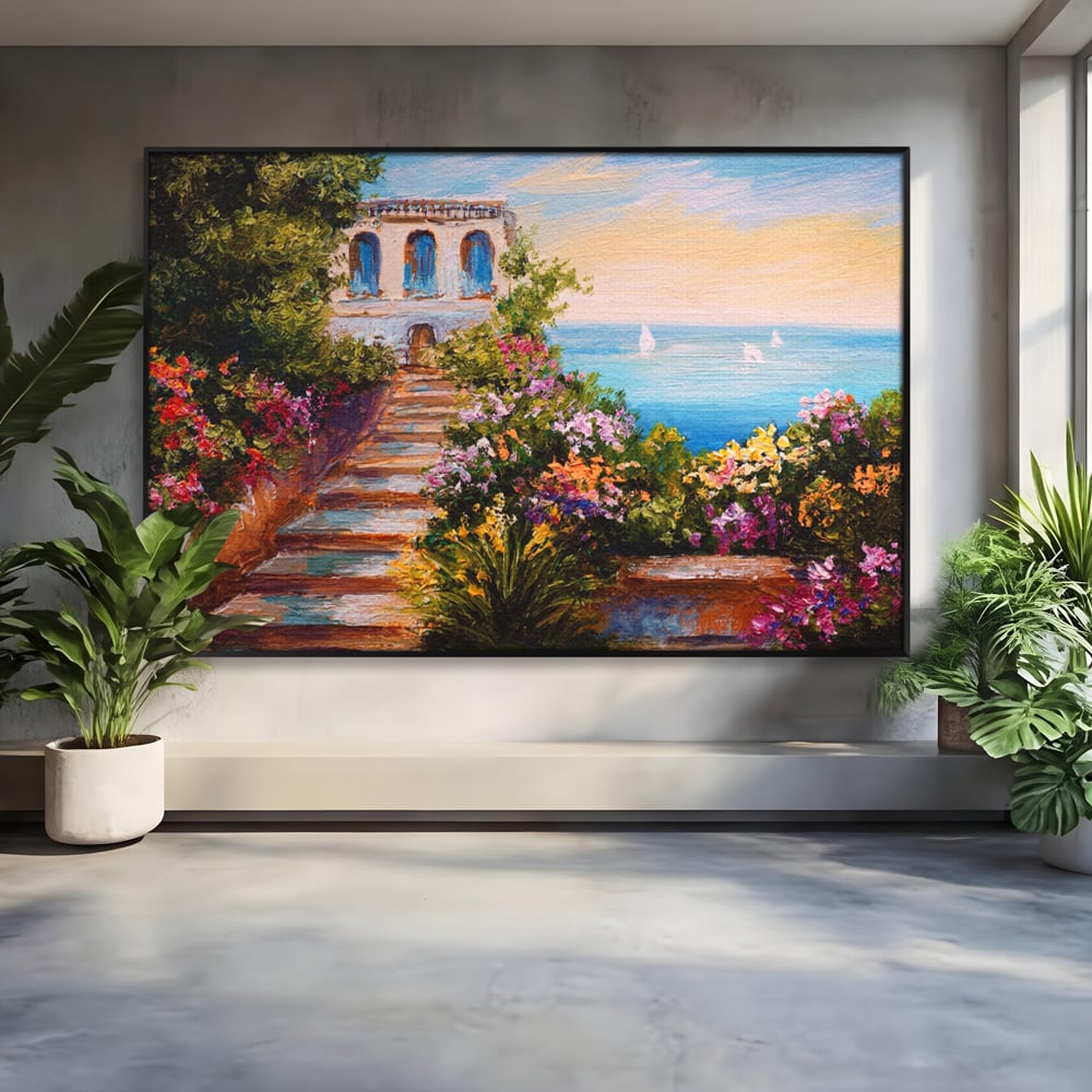 Tablou Canvas Premium LuxCanva® A1242, Scarile De Langa Mare , Decorativ, Living, Cer, Mare, Barci, Flori, Colorate, Dormitor, Culori Vibrante
