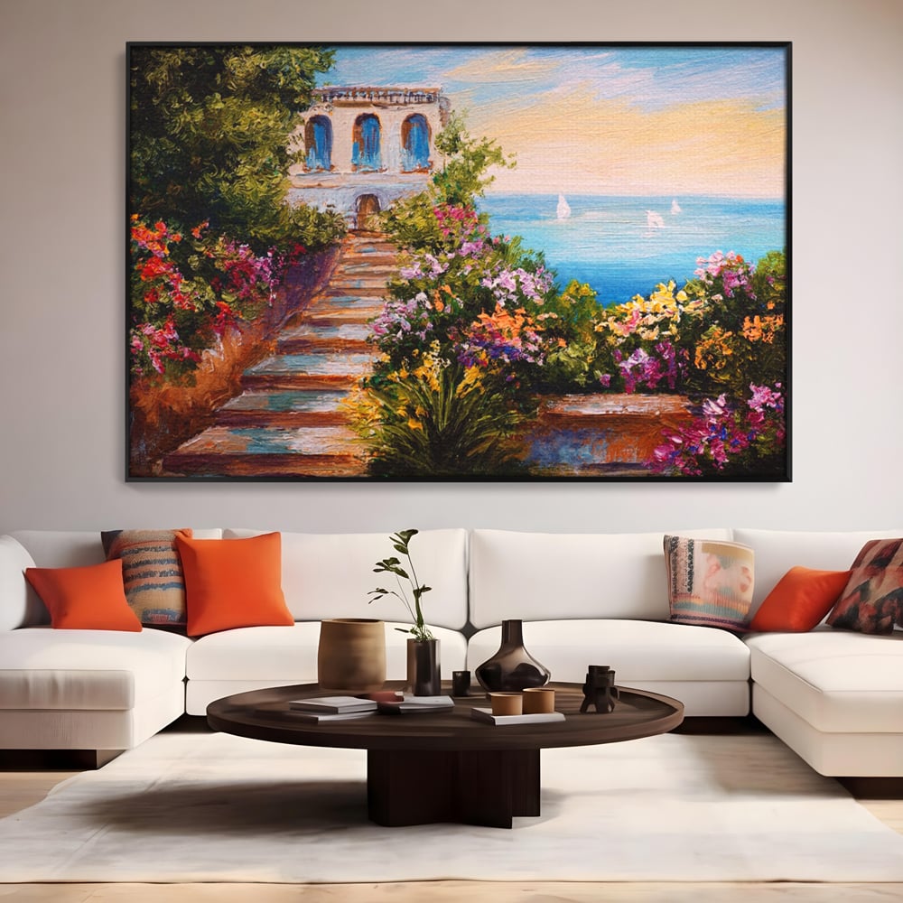 Tablou Canvas Premium LuxCanva® A1242, Scarile De Langa Mare , Decorativ, Living, Cer, Mare, Barci, Flori, Colorate, Dormitor, Culori Vibrante