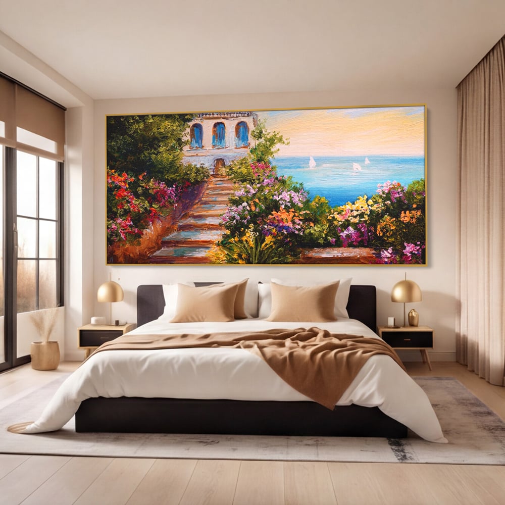 Tablou Canvas Premium LuxCanva® A1242, Scarile De Langa Mare , Decorativ, Living, Cer, Mare, Barci, Flori, Colorate, Dormitor, Culori Vibrante