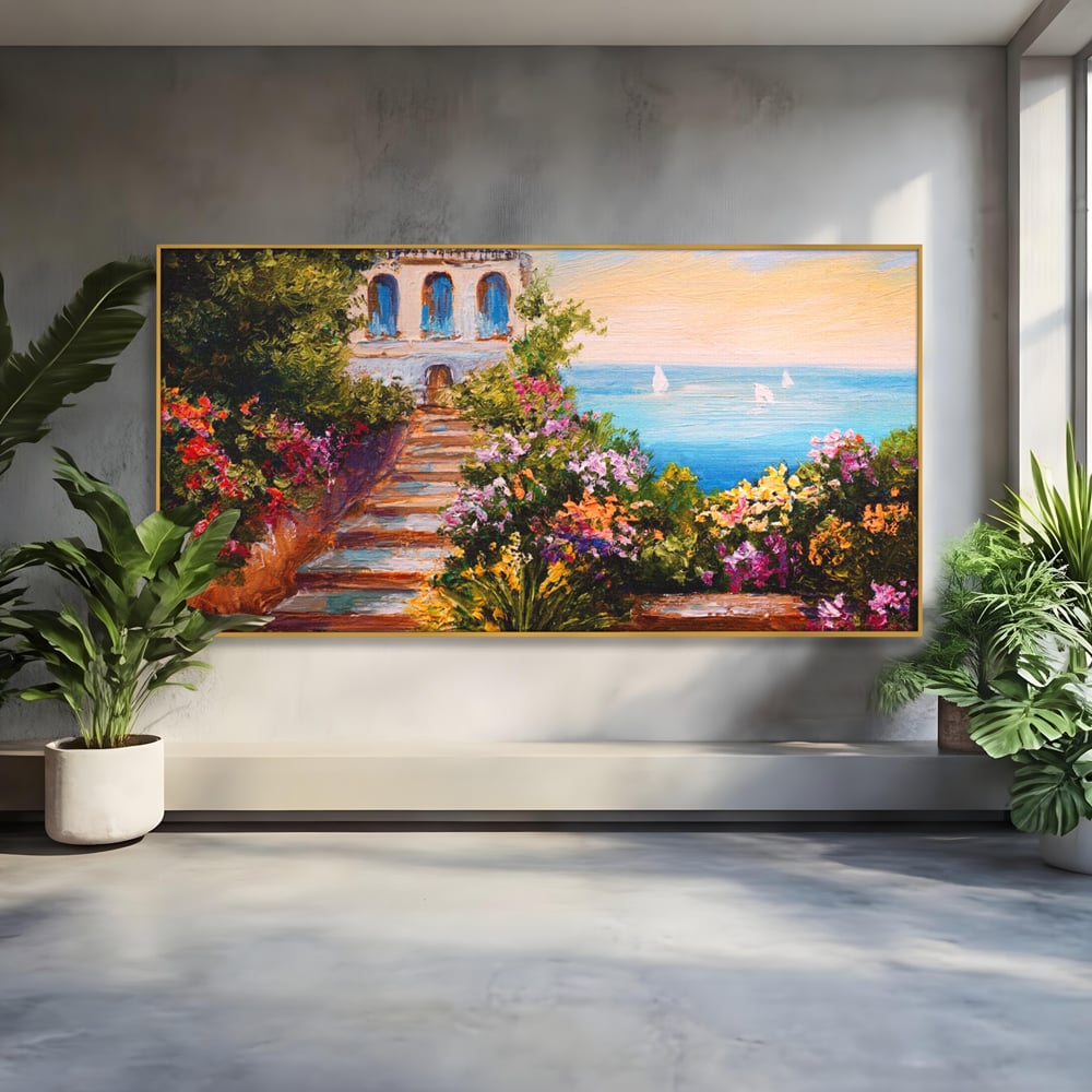 Tablou Canvas Premium LuxCanva® A1242, Scarile De Langa Mare , Decorativ, Living, Cer, Mare, Barci, Flori, Colorate, Dormitor, Culori Vibrante