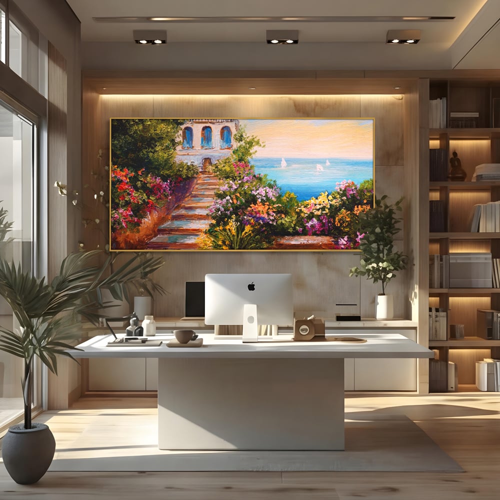 Tablou Canvas Premium LuxCanva® A1242, Scarile De Langa Mare , Decorativ, Living, Cer, Mare, Barci, Flori, Colorate, Dormitor, Culori Vibrante