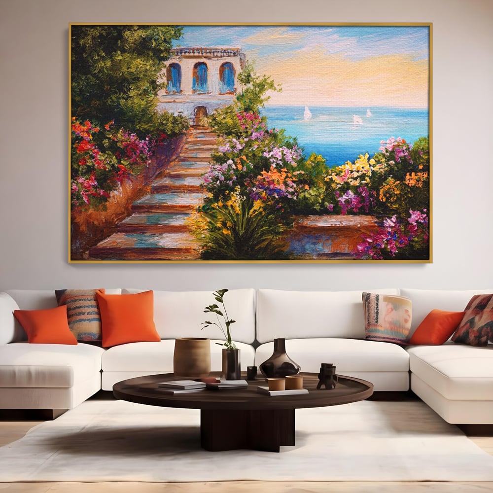 Tablou Canvas Premium LuxCanva® A1242, Scarile De Langa Mare , Decorativ, Living, Cer, Mare, Barci, Flori, Colorate, Dormitor, Culori Vibrante