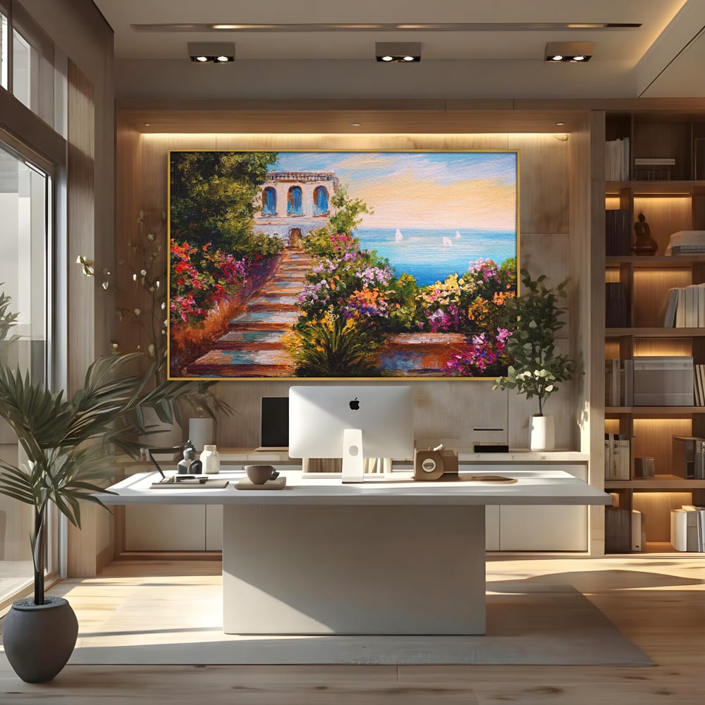 Tablou Canvas Premium LuxCanva® A1242, Scarile De Langa Mare , Decorativ, Living, Cer, Mare, Barci, Flori, Colorate, Dormitor, Culori Vibrante
