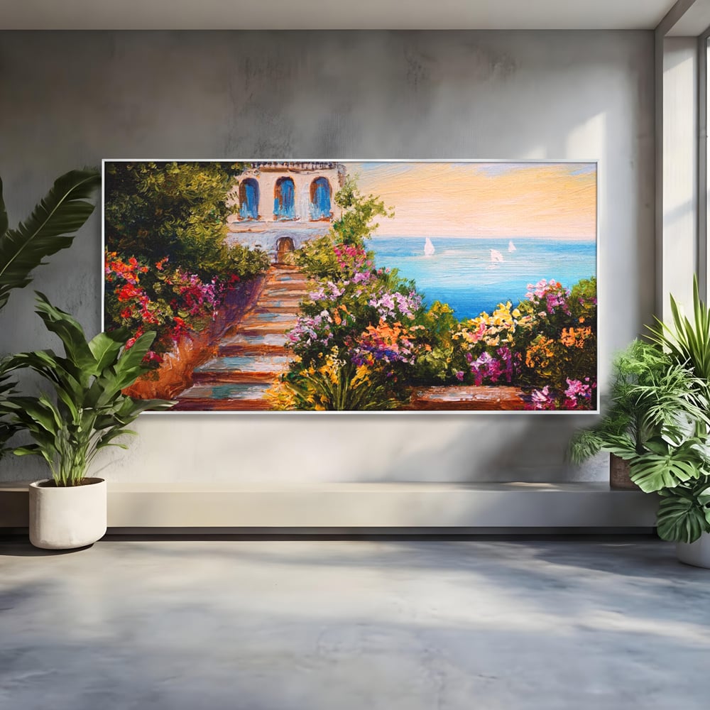Tablou Canvas Premium LuxCanva® A1242, Scarile De Langa Mare , Decorativ, Living, Cer, Mare, Barci, Flori, Colorate, Dormitor, Culori Vibrante