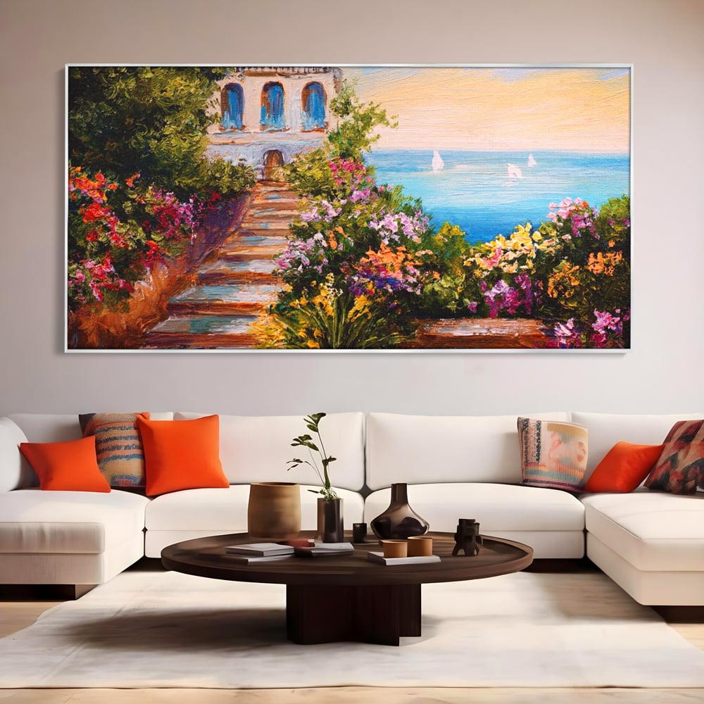 Tablou Canvas Premium LuxCanva® A1242, Scarile De Langa Mare , Decorativ, Living, Cer, Mare, Barci, Flori, Colorate, Dormitor, Culori Vibrante