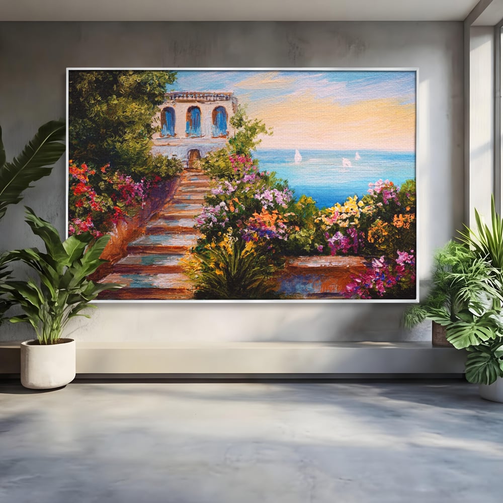 Tablou Canvas Premium LuxCanva® A1242, Scarile De Langa Mare , Decorativ, Living, Cer, Mare, Barci, Flori, Colorate, Dormitor, Culori Vibrante
