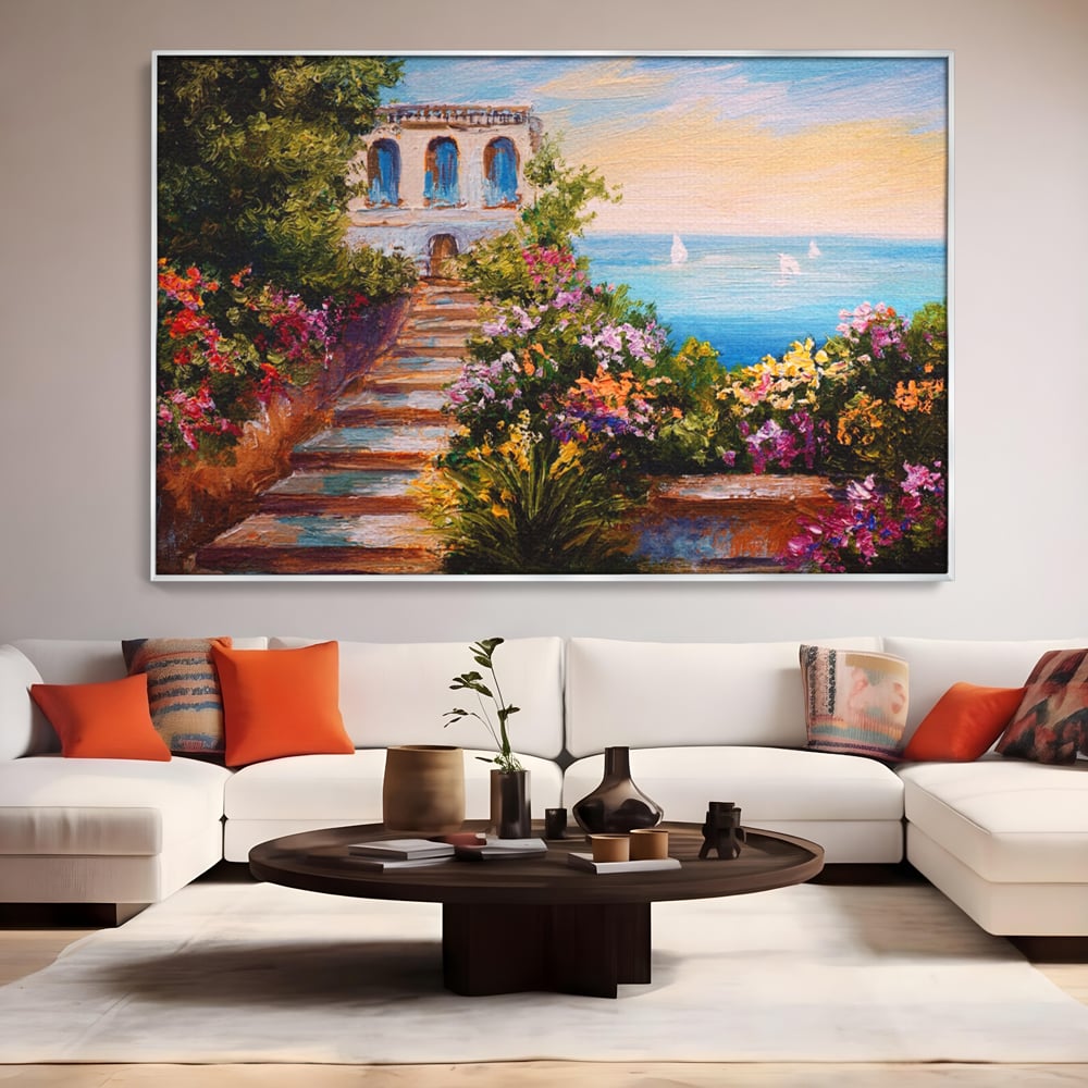 Tablou Canvas Premium LuxCanva® A1242, Scarile De Langa Mare , Decorativ, Living, Cer, Mare, Barci, Flori, Colorate, Dormitor, Culori Vibrante
