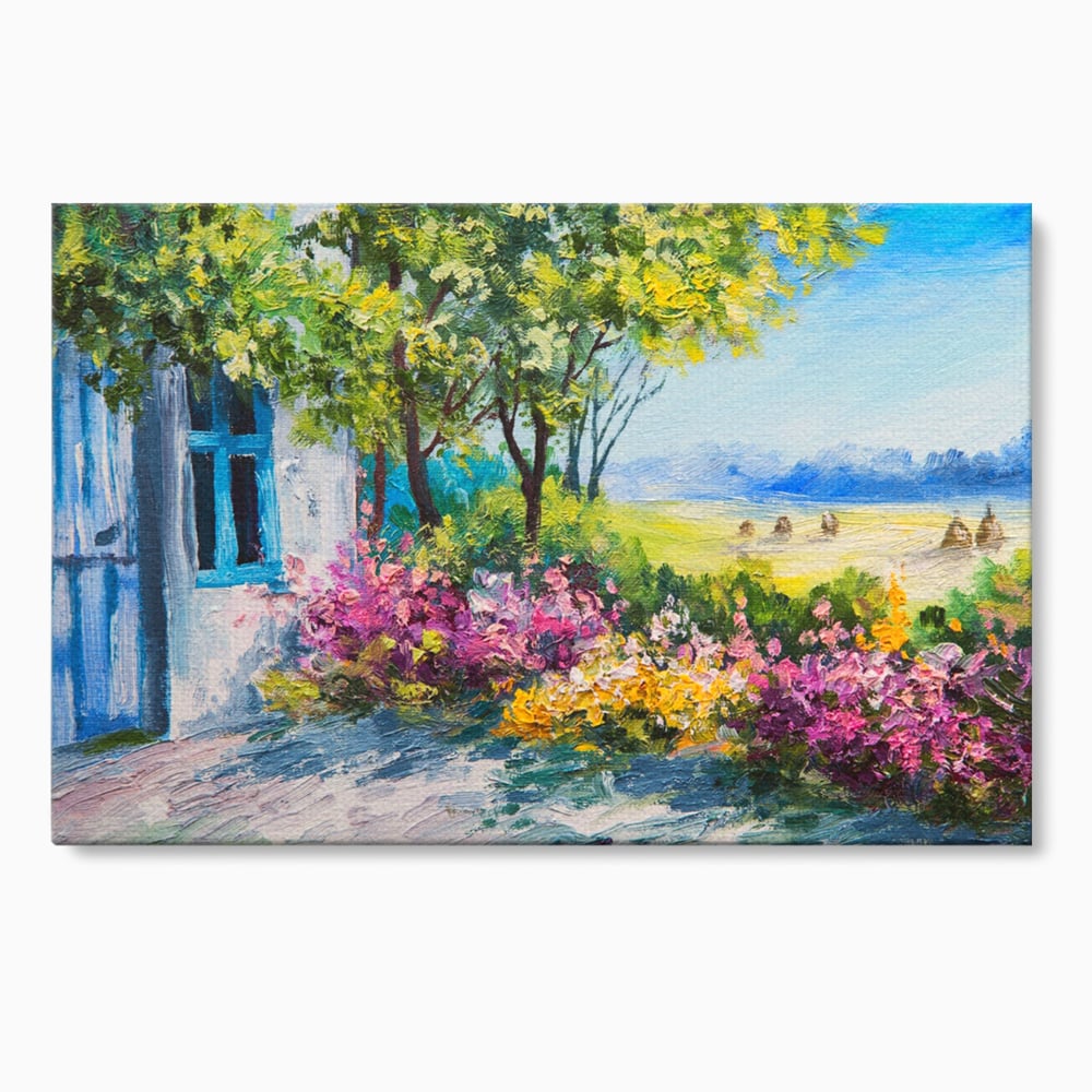 Tablou Canvas Premium LuxCanva® A1243, Casuta Albastra , Decorativ, Living, Flori, Casa, Peisaj, Copac, Dormitor, Culori Vibrante