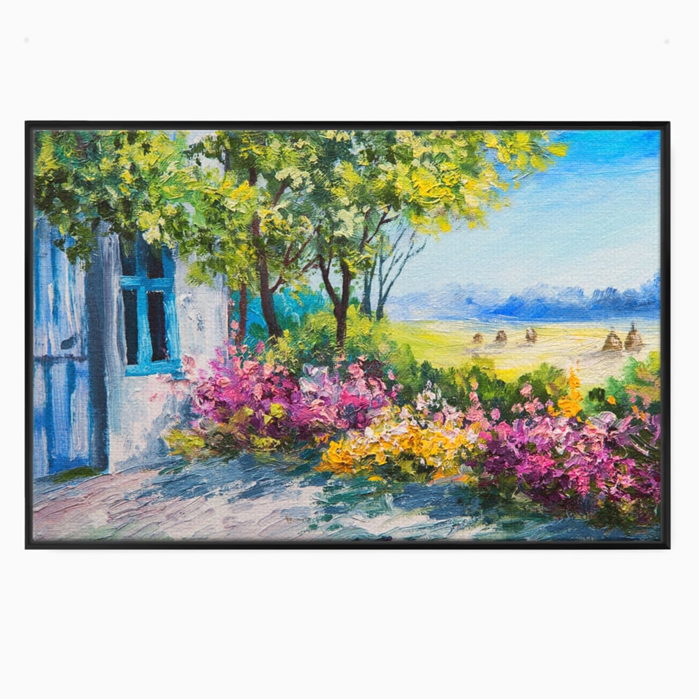 Tablou Canvas Premium LuxCanva® A1243, Casuta Albastra , Decorativ, Living, Flori, Casa, Peisaj, Copac, Dormitor, Culori Vibrante
