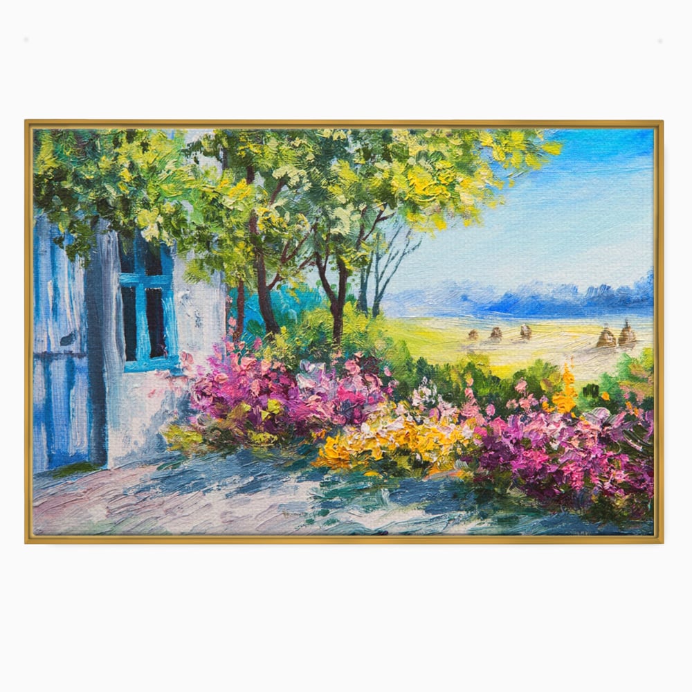 Tablou Canvas Premium LuxCanva® A1243, Casuta Albastra , Decorativ, Living, Flori, Casa, Peisaj, Copac, Dormitor, Culori Vibrante