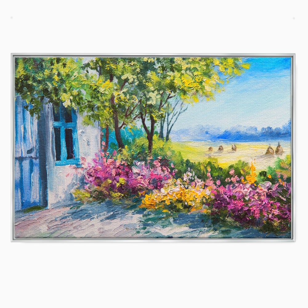 Tablou Canvas Premium LuxCanva® A1243, Casuta Albastra , Decorativ, Living, Flori, Casa, Peisaj, Copac, Dormitor, Culori Vibrante