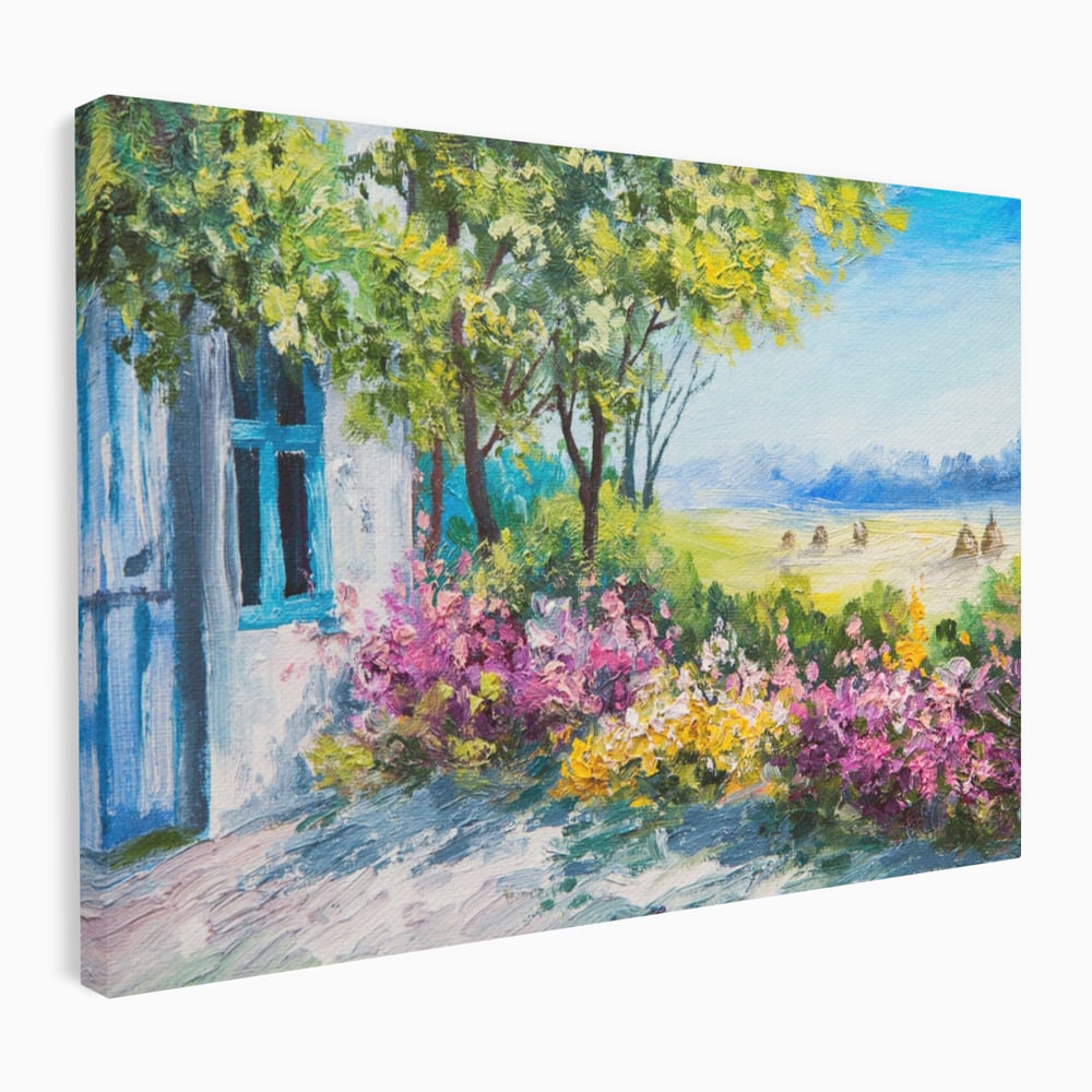 Tablou Canvas Premium LuxCanva® A1243, Casuta Albastra , Decorativ, Living, Flori, Casa, Peisaj, Copac, Dormitor, Culori Vibrante