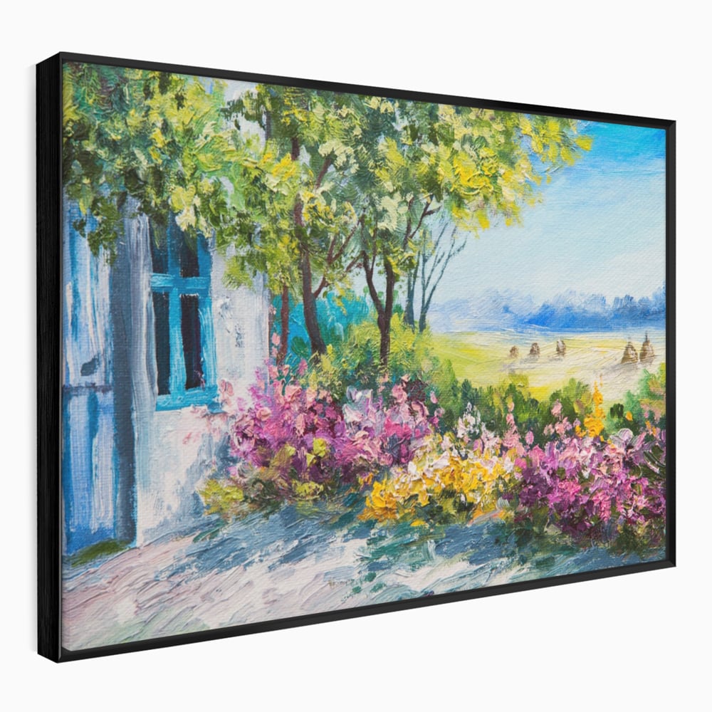 Tablou Canvas Premium LuxCanva® A1243, Casuta Albastra , Decorativ, Living, Flori, Casa, Peisaj, Copac, Dormitor, Culori Vibrante